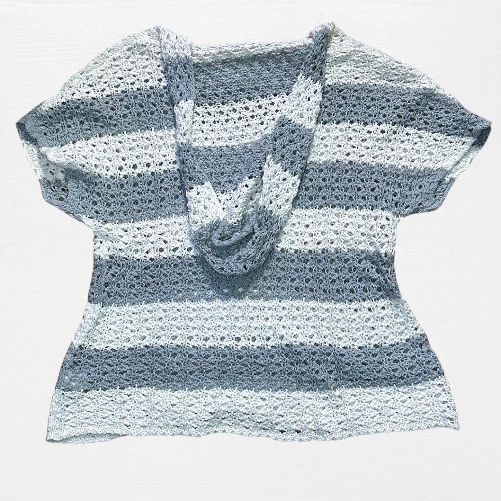 SOLD grey and white striped knit short sleeve low cut sweater hood mossimo XXL - Picture 2 of 11